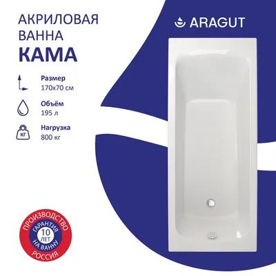 Акриловая ванна ARAGUT Кама 170x70 см, пристенная, белая, с каркасом