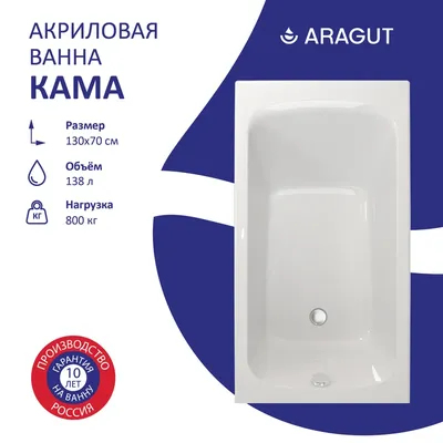 Акриловая ванна ARAGUT Кама 130x70 см, пристенная, белая, на ножках