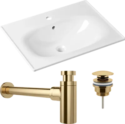 Комплект 3 в 1 Раковина Lavinia Boho Bathroom Sink 33312010 60 глянцевая белая + Донный клапан Wellsee Drainage System 182141000 золото + Сифон 182126000 бутылочный, золото