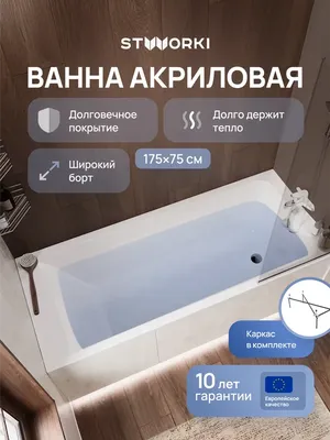 Акриловая ванна STWORKI Стокгольм 175x75 см, встраиваемая, белая, с каркасом
