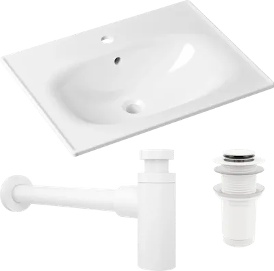 Комплект 3 в 1 Раковина Lavinia Boho Bathroom Sink 33312010 60 глянцевая белая + Донный клапан Wellsee Drainage System 182143000 матовый белый + Сифон 182123000 бутылочный, матовый белый