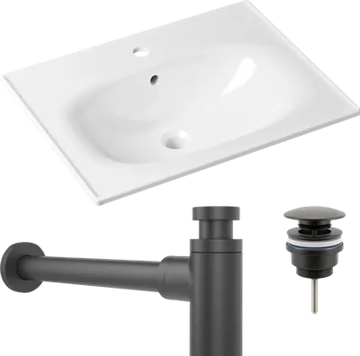 Комплект 3 в 1 Раковина Lavinia Boho Bathroom Sink 33312010 60 глянцевая белая + Донный клапан Wellsee Drainage System 182140000 матовый черный + Сифон 182120000 бутылочный, матовый черный