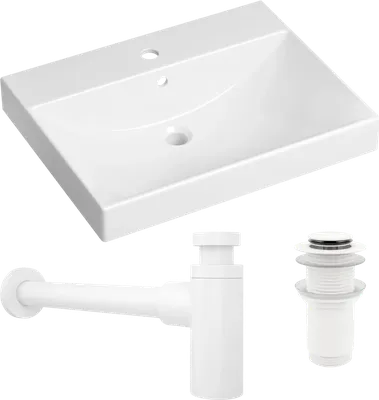 Комплект 3 в 1 Раковина Lavinia Boho Bathroom Sink 33311012 60 глянцевая белая + Донный клапан Wellsee Drainage System 182143000 матовый белый + Сифон 182108000 бутылочный, матовый белый