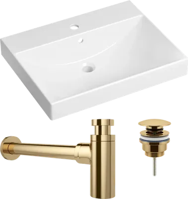 Комплект 3 в 1 Раковина Lavinia Boho Bathroom Sink 33311012 60 глянцевая белая + Донный клапан Wellsee Drainage System 182141000 золото + Сифон 182126000 бутылочный, золото