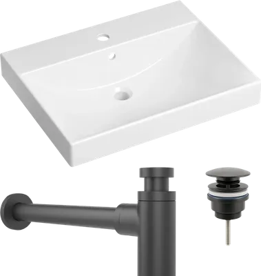 Комплект 3 в 1 Раковина Lavinia Boho Bathroom Sink 33311012 60 глянцевая белая + Донный клапан Wellsee Drainage System 182140000 матовый черный + Сифон 182120000 бутылочный, матовый черный