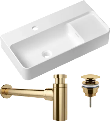 Комплект 3 в 1 Накладная раковина Lavinia Boho Bathroom Sink Slim 33311011 60 глянцевая белая, со столешницей + Донный клапан Wellsee Drainage System 182141000 золото + Сифон 182126000 бутылочный, золото