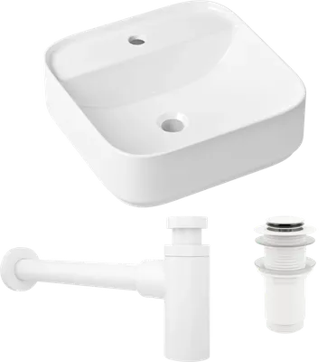 Комплект 3 в 1 Накладная раковина Lavinia Boho Bathroom Sink Slim 33311007 42 глянцевая белая + Донный клапан Wellsee Drainage System 182143000 матовый белый + Сифон 182123000 бутылочный, матовый белый