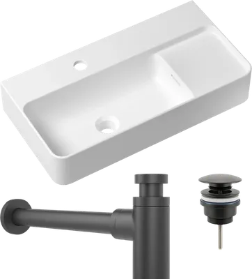 Комплект 3 в 1 Накладная раковина Lavinia Boho Bathroom Sink Slim 33311011 60 глянцевая белая, со столешницей + Донный клапан Wellsee Drainage System 182140000 матовый черный + Сифон 182120000 бутылочный, матовый черный