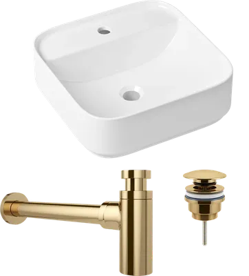 Комплект 3 в 1 Накладная раковина Lavinia Boho Bathroom Sink Slim 33311007 42 глянцевая белая + Донный клапан Wellsee Drainage System 182141000 золото + Сифон 182126000 бутылочный, золото