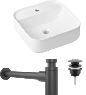 Комплект 3 в 1 Накладная раковина Lavinia Boho Bathroom Sink Slim 33311007 42 глянцевая белая + Донный клапан Wellsee Drainage System 182140000 матовый черный + Сифон 182120000 бутылочный, матовый черный
