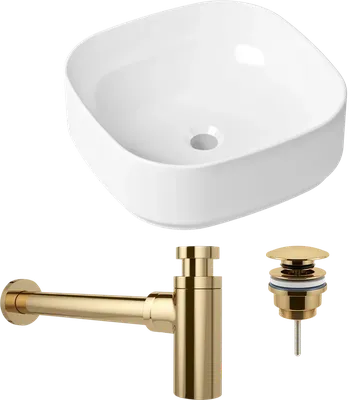 Комплект 3 в 1 Накладная раковина Lavinia Boho Bathroom Sink Slim 33311006 40 глянцевая белая + Донный клапан Wellsee Drainage System 182141000 золото + Сифон 182126000 бутылочный, золото