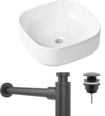 Комплект 3 в 1 Накладная раковина Lavinia Boho Bathroom Sink Slim 33311006 40 глянцевая белая + Донный клапан Wellsee Drainage System 182140000 матовый черный + Сифон 182120000 бутылочный, матовый черный