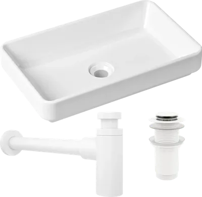 Комплект 3 в 1 Накладная раковина Lavinia Boho Bathroom Sink Slim 33311004 55 глянцевая белая + Донный клапан Wellsee Drainage System 182143000 матовый белый + Сифон 182123000 бутылочный, матовый белый