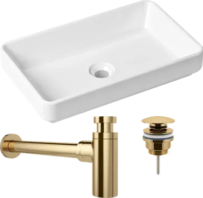 Комплект 3 в 1 Накладная раковина Lavinia Boho Bathroom Sink Slim 33311004 55 глянцевая белая + Донный клапан Wellsee Drainage System 182141000 золото + Сифон 182126000 бутылочный, золото