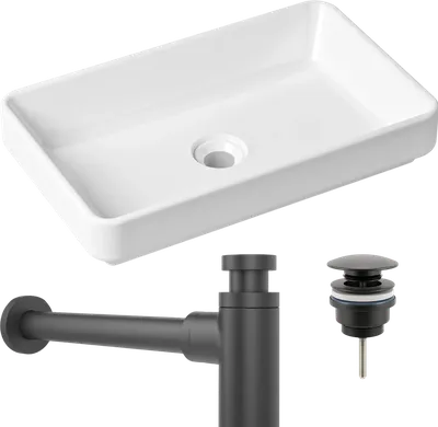 Комплект 3 в 1 Накладная раковина Lavinia Boho Bathroom Sink Slim 33311004 55 глянцевая белая + Донный клапан Wellsee Drainage System 182140000 матовый черный + Сифон 182120000 бутылочный, матовый черный