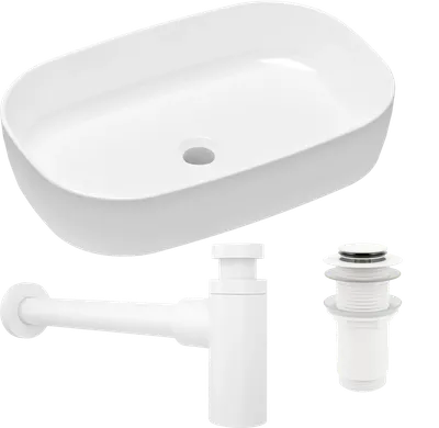 Комплект 3 в 1 Накладная раковина Lavinia Boho Bathroom Sink Slim 33311003 54 глянцевая белая + Донный клапан Wellsee Drainage System 182143000 матовый белый + Сифон 182123000 бутылочный, матовый белый