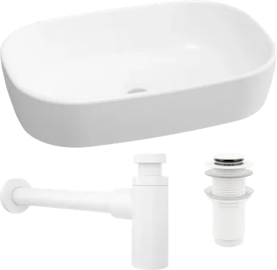 Комплект 3 в 1 Накладная раковина Lavinia Boho Bathroom Sink 33311002 54 глянцевая белая + Донный клапан Wellsee Drainage System 182143000 матовый белый + Сифон 182123000 бутылочный, матовый белый