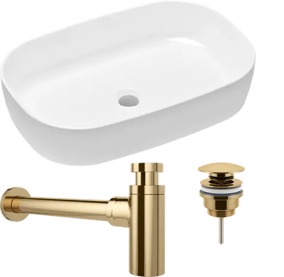 Комплект 3 в 1 Накладная раковина Lavinia Boho Bathroom Sink Slim 33311003 54 глянцевая белая + Донный клапан Wellsee Drainage System 182141000 золото + Сифон 182126000 бутылочный, золото