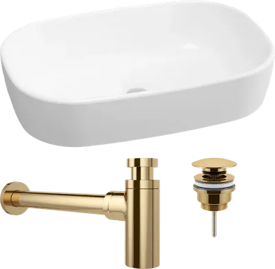 Комплект 3 в 1 Накладная раковина Lavinia Boho Bathroom Sink 33311002 54 глянцевая белая + Донный клапан Wellsee Drainage System 182141000 золото + Сифон 182126000 бутылочный, золото