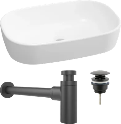 Комплект 3 в 1 Накладная раковина Lavinia Boho Bathroom Sink 33311002 54 глянцевая белая + Донный клапан Wellsee Drainage System 182140000 матовый черный + Сифон 182120000 бутылочный, матовый черный