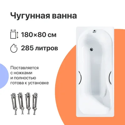 Чугунная ванна DIWO Ярославль 180x80 см, пристенная, белая, на ножках, с ручками